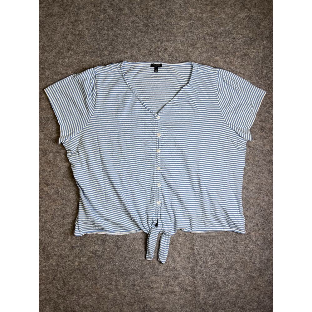 Talbots Plus Women Size 1X Shirt Blue White Striped Button Front Tie Top V Neck